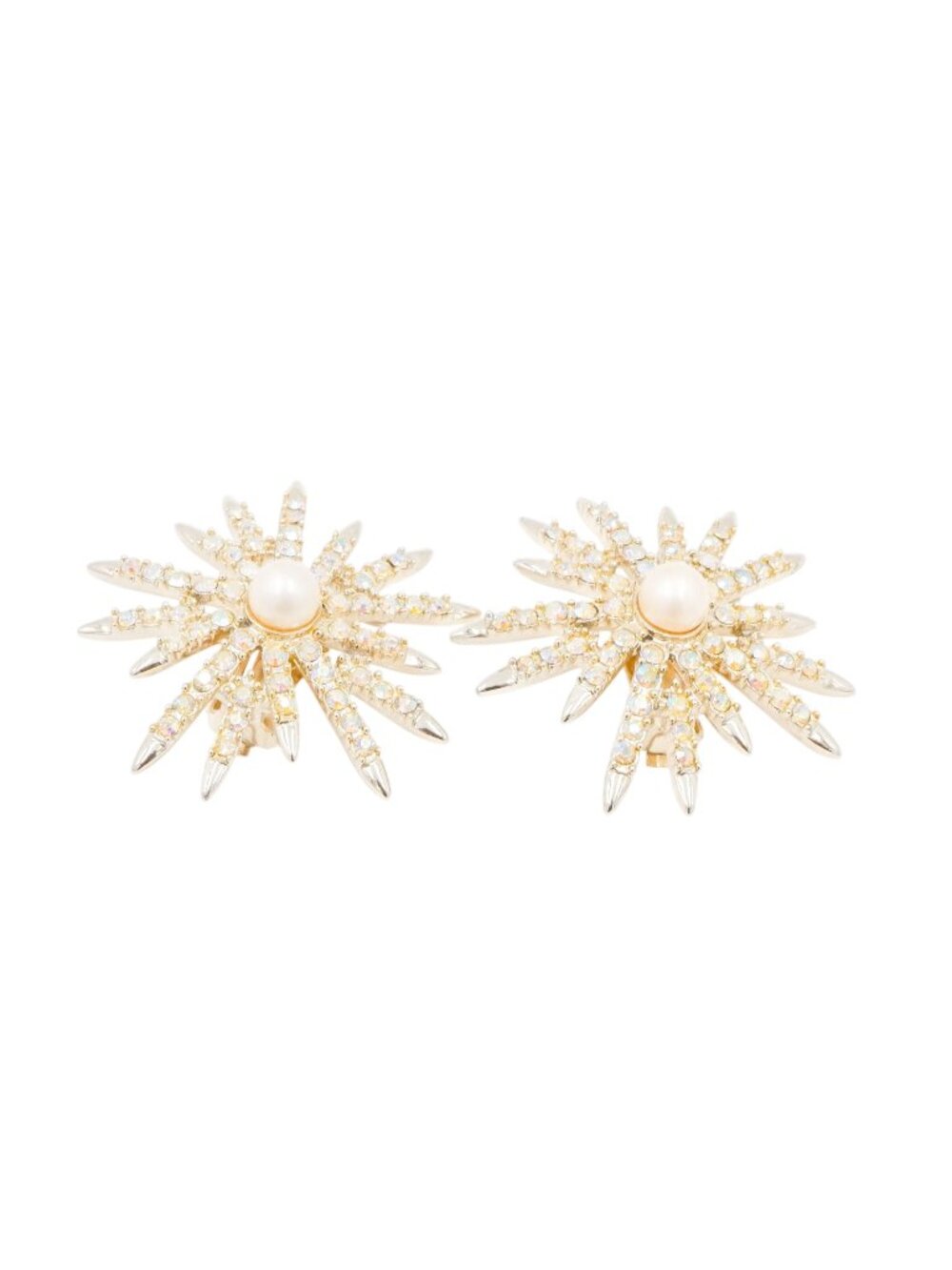 Vintage Emmons Starburst AB Crystal Pearl Clip Earrings 1.75”